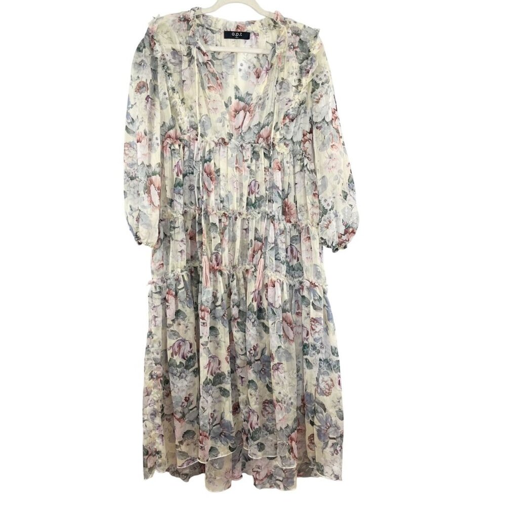 O.P.T. Cream Floral Ruffle Tiered Felicity Midi Dress‎ Sheer Boho Indie MEDIUM